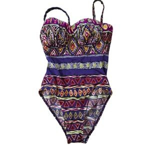 Cote dAzur Purple Geometric Tribal Print One Piece Swimsuit Underwire Sweetheart